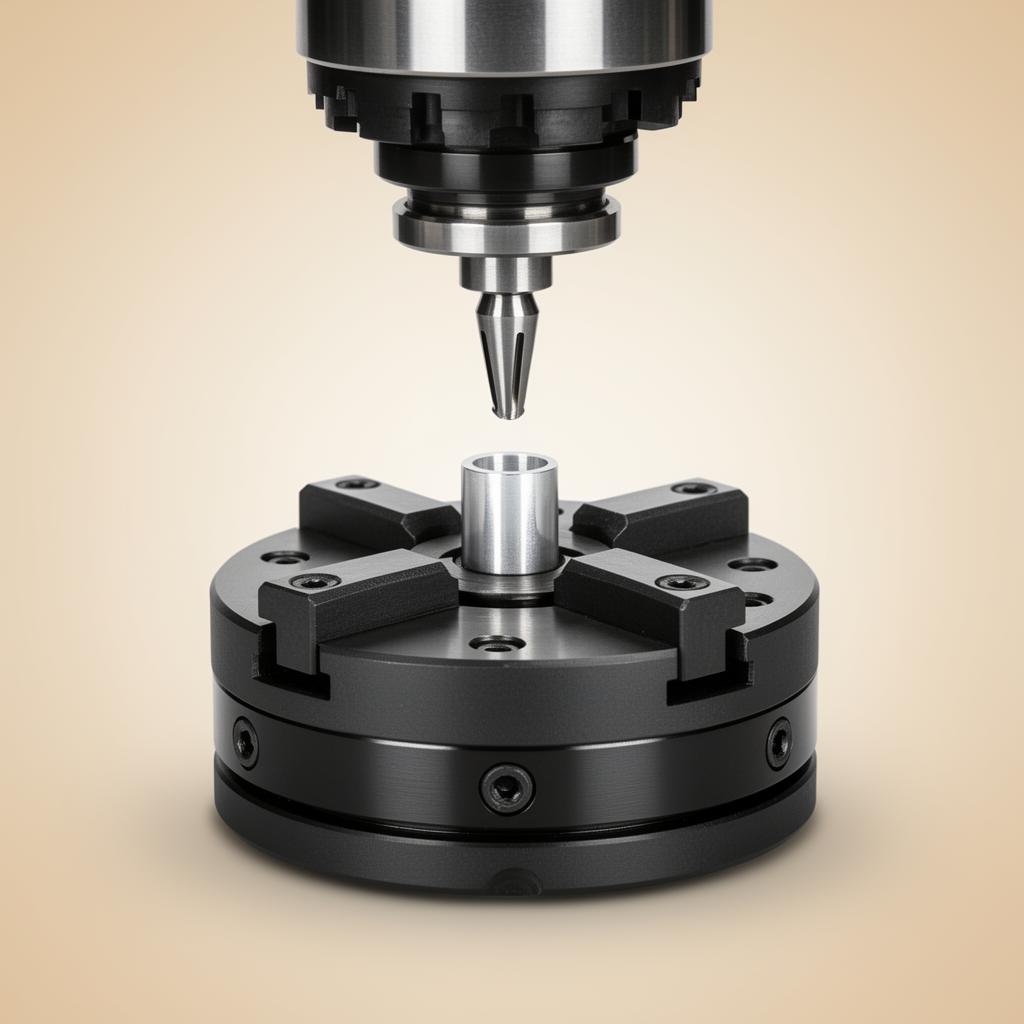 Close-up of XM-100 spindle and self-centering rotary table